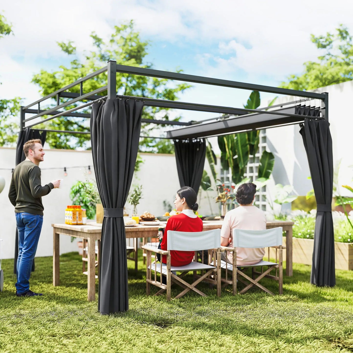 10' x 10' Dark Grey Outdoor Gazebo, Retractable Pergola Canopy With Curtains, Dark Grey Pergolas at Gallery Canada