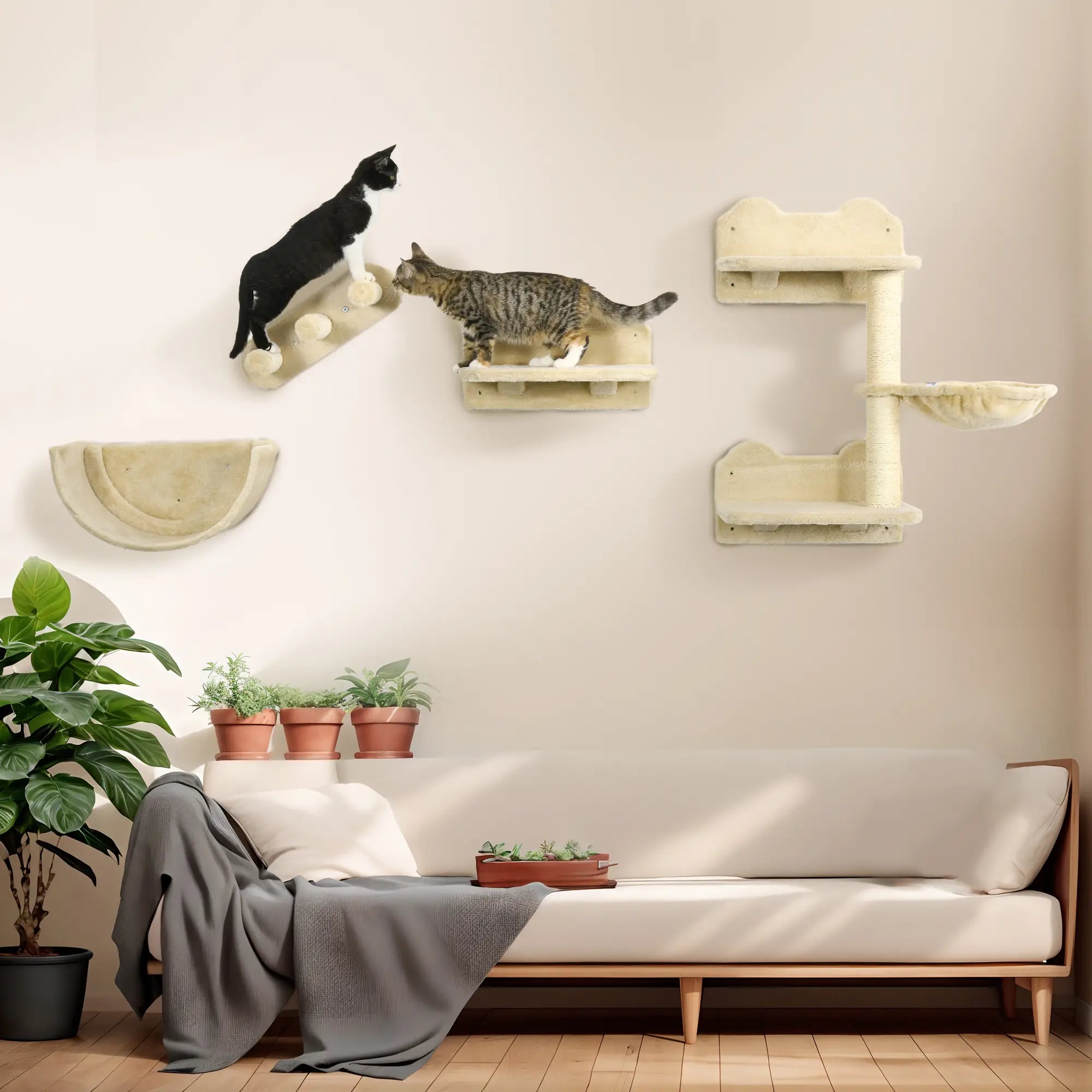 Cat Wall Shelves, 3PCs with Hammock, Scratching Post, Beige Cat Climbing Wall at Gallery Canada