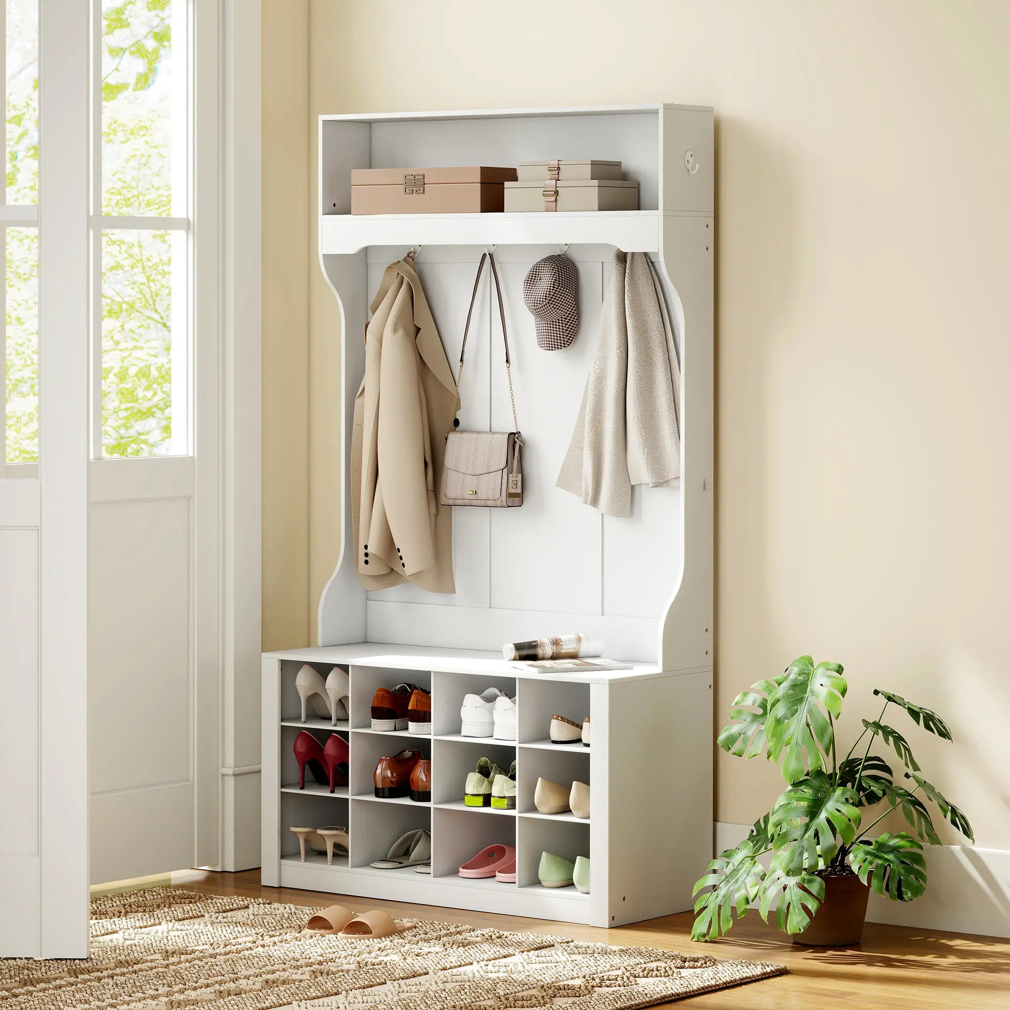 4-In-1 Hall Tree with Bench, Shoe Storage, 12 Cubbies, 6 Hooks, White Clothing Storage at Gallery Canada