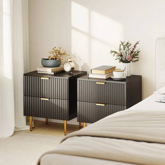 Modern Nightstand Set of 2, 2 Drawers, Metal Legs, Black