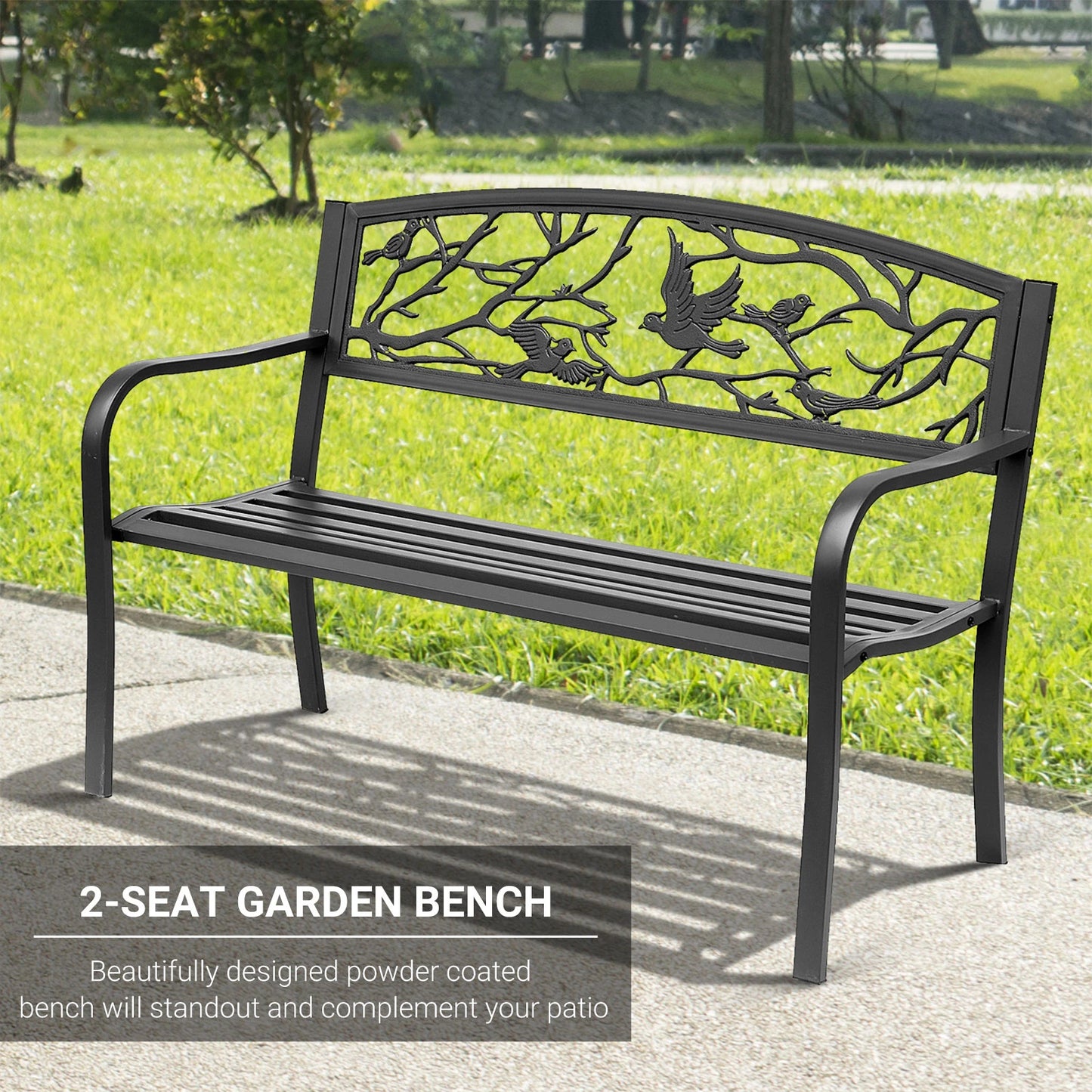 50" Garden Bench, Outdoor Loveseat, Vintage Bird Pattern, Cast Metal, Black Outdoor Benches at Gallery Canada