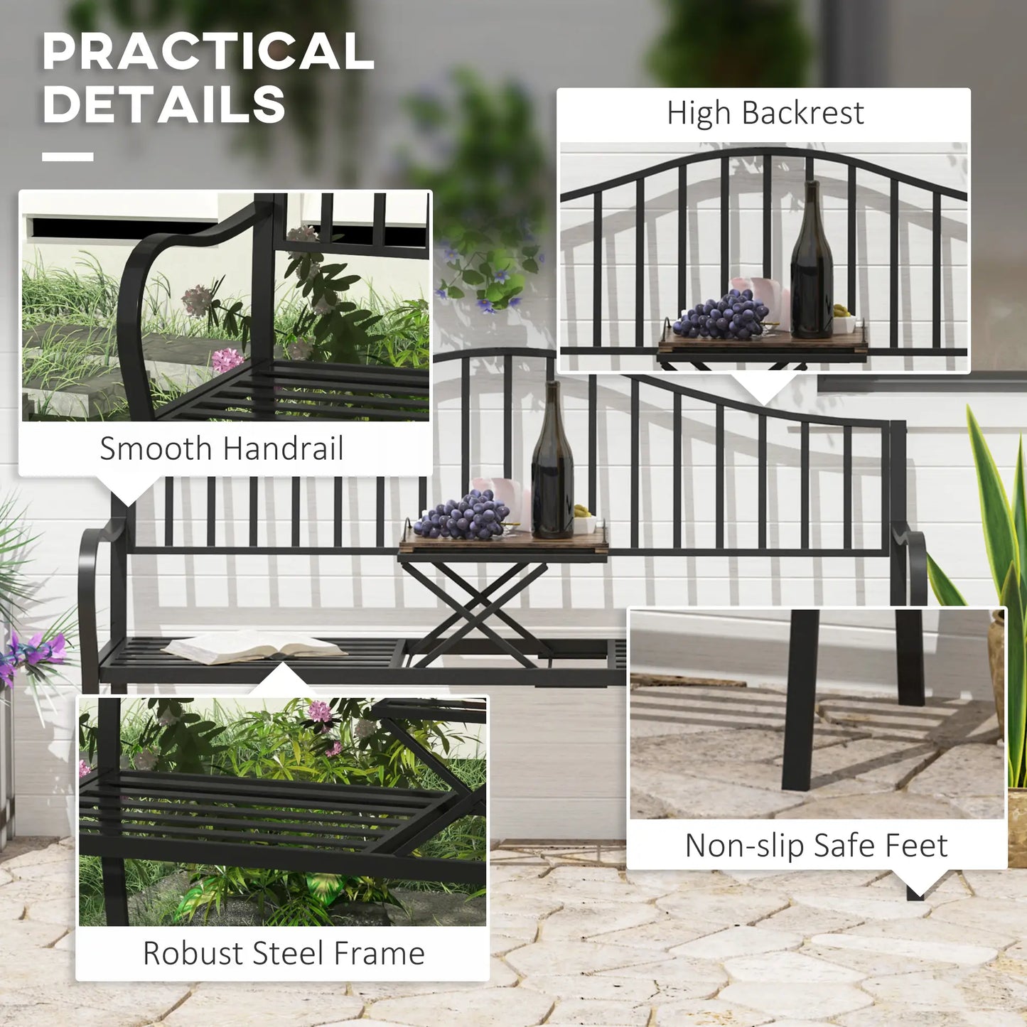 Outdoor Bench, Retractable Table, Metal Frame, Slatted Seat, Black Outdoor Benches at Gallery Canada