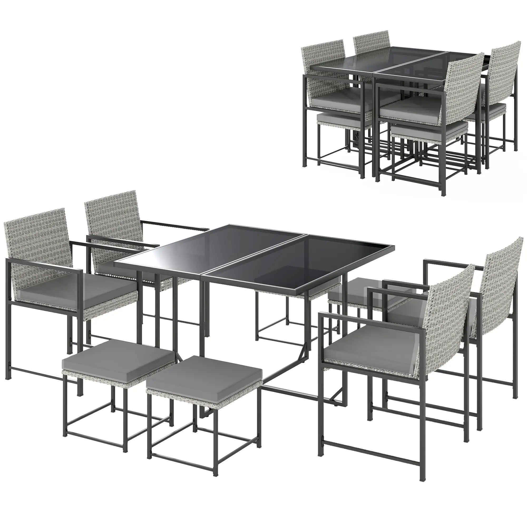 9-Piece Wicker Patio Dining Set, 4 Armchairs, 4 Stools, Tempered Glass Top, Light Grey Outdoor Dining Sets Grey at Gallery Canada