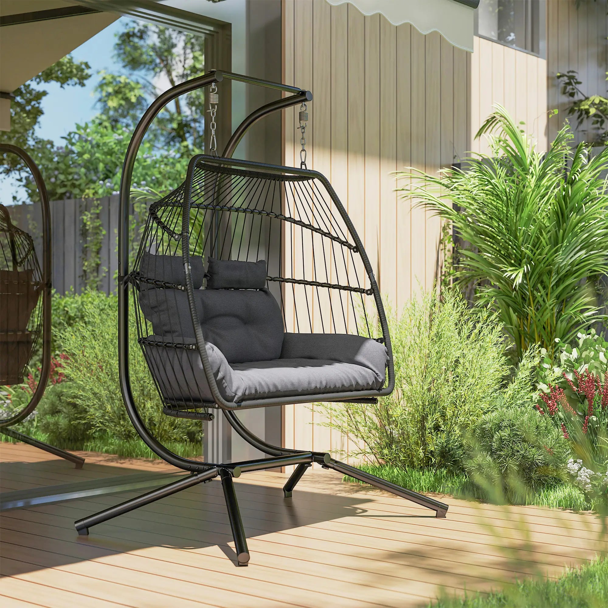 Double Wicker Egg Swing Chair, Foldable with Stand, UV Resistant Cushion, Headrest, Dark Grey Patio Swings with Stand at Gallery Canada