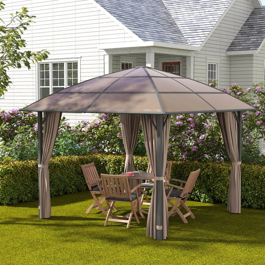 10' x 10' Outdoor Gazebo, UV60+ Polycarbonate Roof, Steel Frame, Khaki Gazebos Light Brown Roof, Dark Grey Frame and Khaki Curtains at Gallery Canada