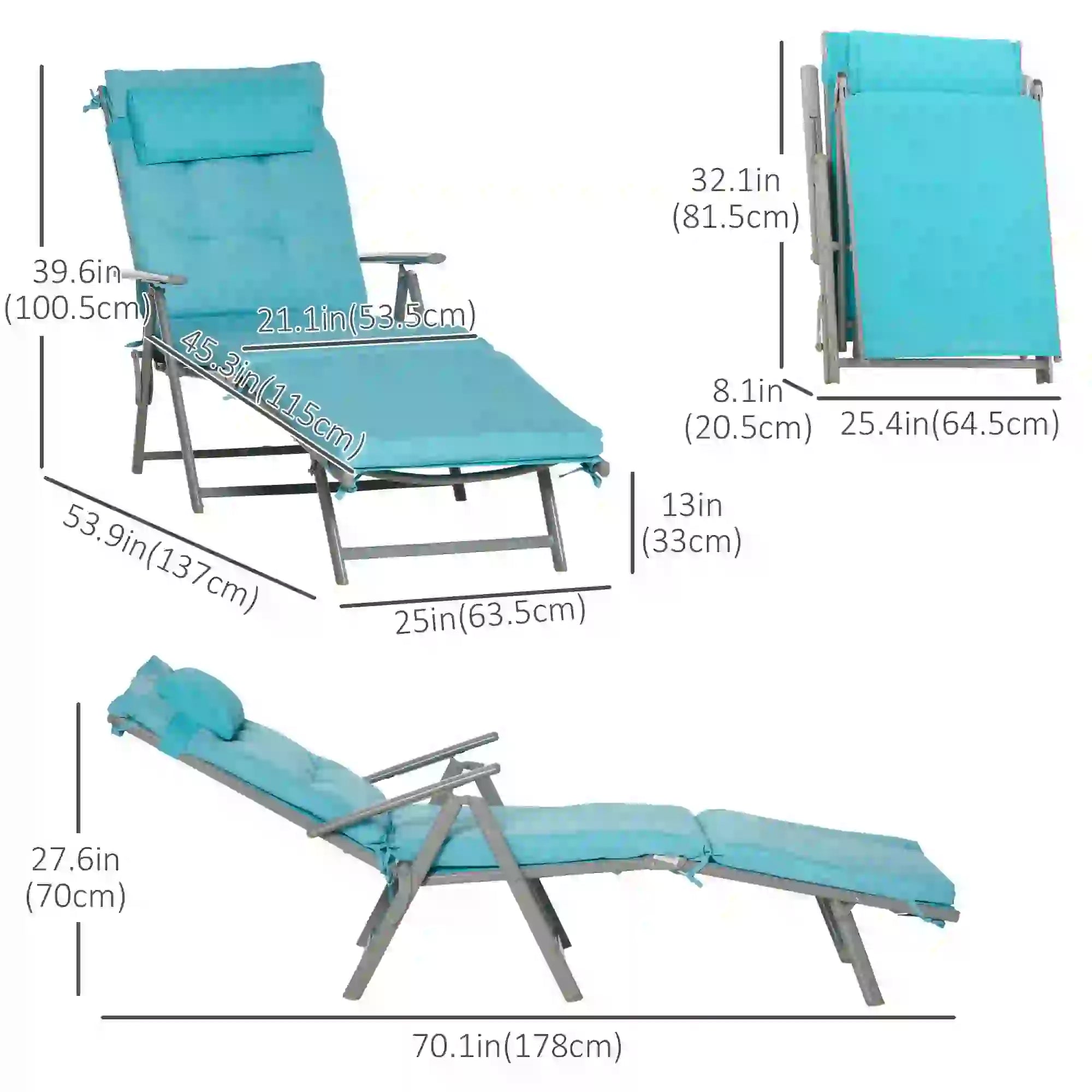 Outdoor Folding Chaise Lounge, Adjustable Backrest, Cushion, Headrest, Blue Lounger Chairs at Gallery Canada