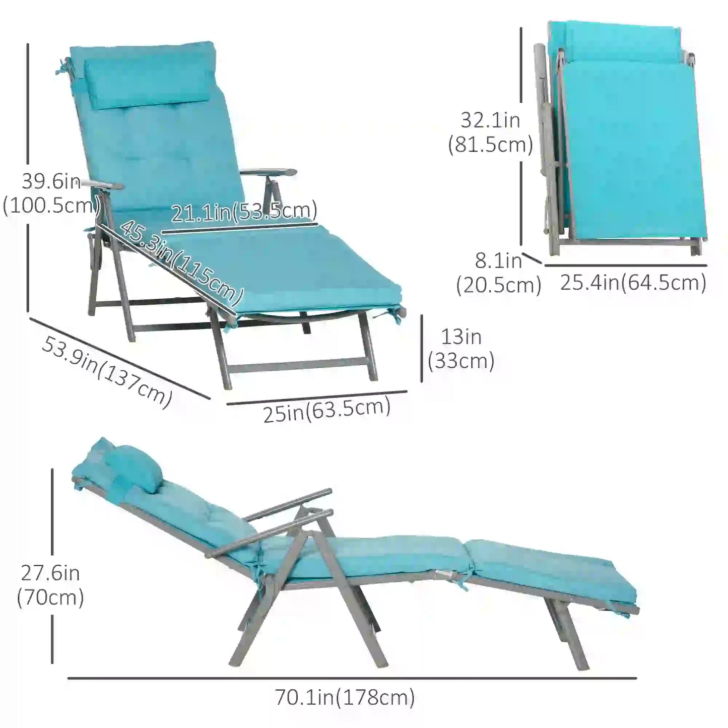 Outdoor Folding Chaise Lounge, Adjustable Backrest, Cushion, Headrest, Blue Lounger Chairs at Gallery Canada