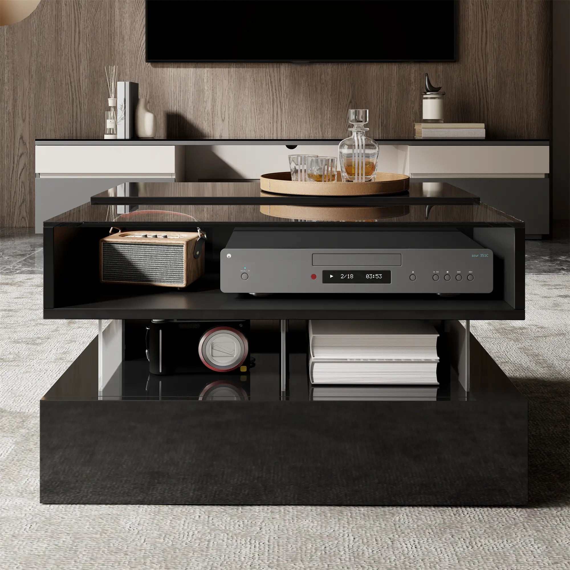 Glass Top LED Coffee Table, Storage Drawer, Adjustable Height, 26