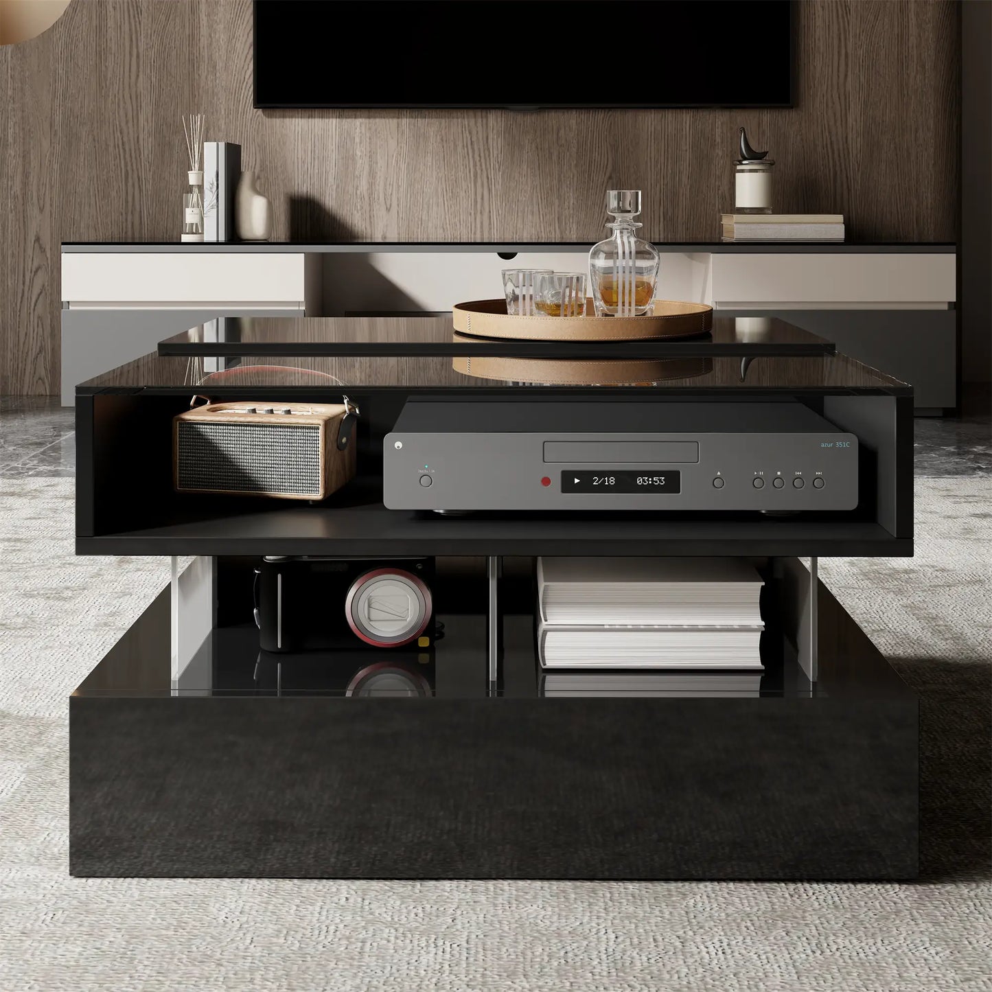 Glass Top LED Coffee Table, Storage Drawer, Adjustable Height, 26" L x 21.5" W x 21.5" H, Black Coffee Tables at Gallery Canada