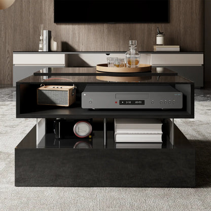Glass Top LED Coffee Table, Storage Drawer, Adjustable Height, 26" L x 21.5" W x 21.5" H, Black Coffee Tables at Gallery Canada