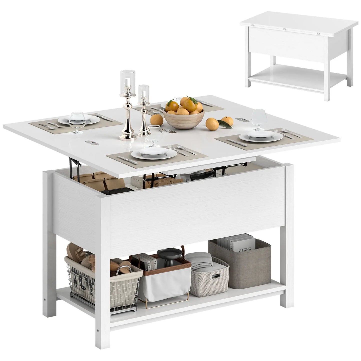 Table basse relevable avec rangement, blanche