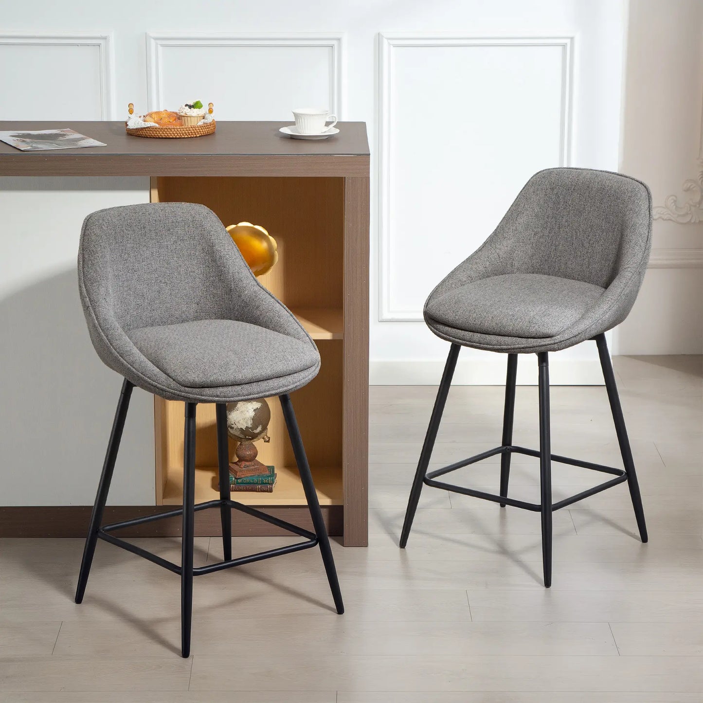 26" Counter Height Barstools Set of 2, Upholstered Swivel Bar Stools with Backrests and Armrests, Dark Grey Bar Stools at Gallery Canada