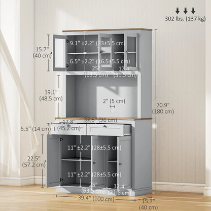 71" Pantry Cabinet with Microwave Space, 2 Drawers, Adjustable Shelves, Grey Kitchen Pantry Cabinets at Gallery Canada