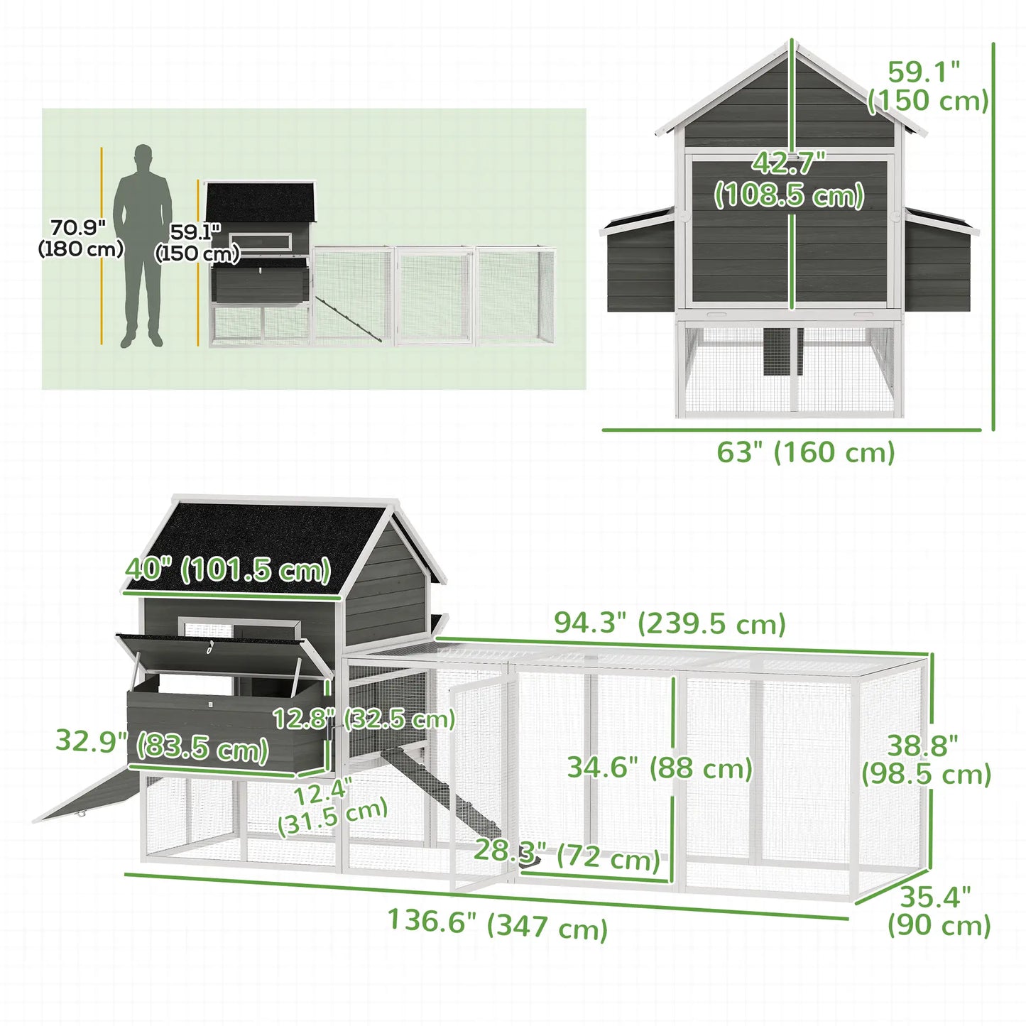 Wooden Chicken Coop With Run, Nesting Box, 137", Dark Grey Chicken Coops at Gallery Canada