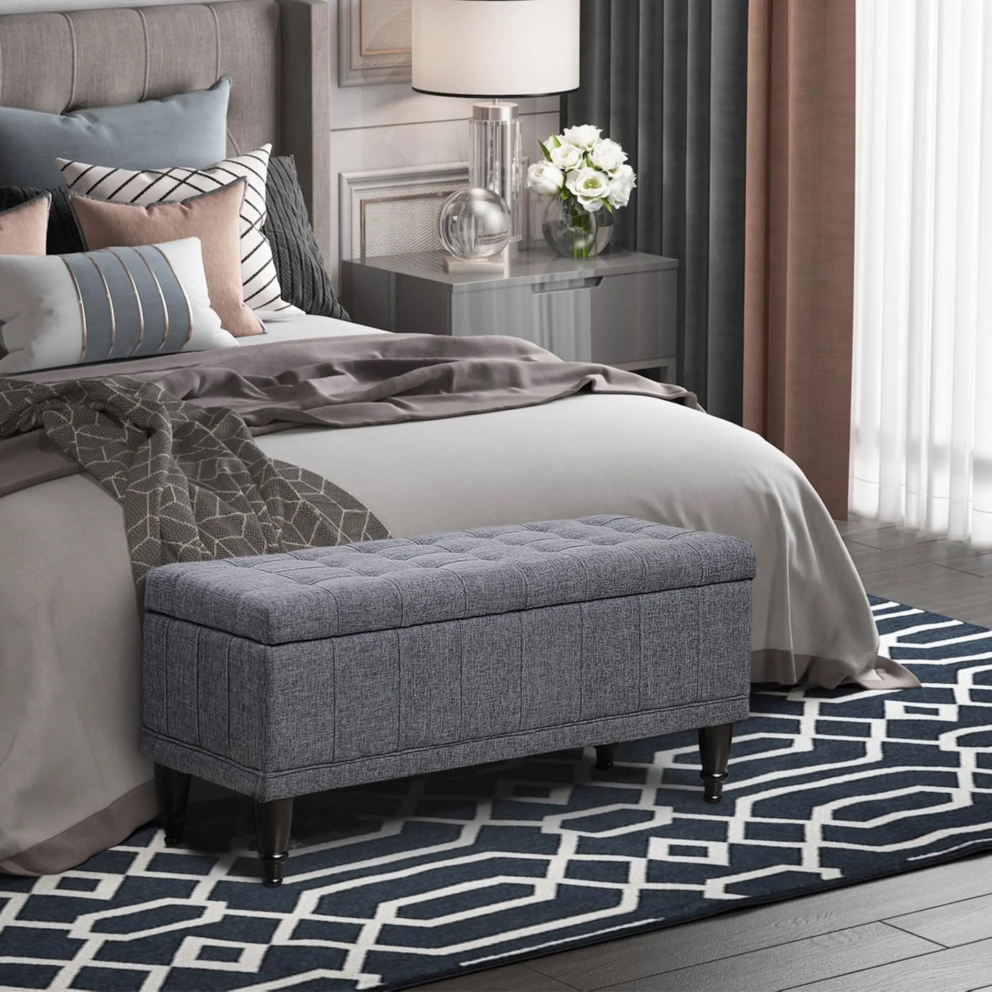 Storage Ottoman, Linen Fabric Bench with Soft Close Lid, 42" x 17" x 19", Grey Storage Ottomans & Benches at Gallery Canada