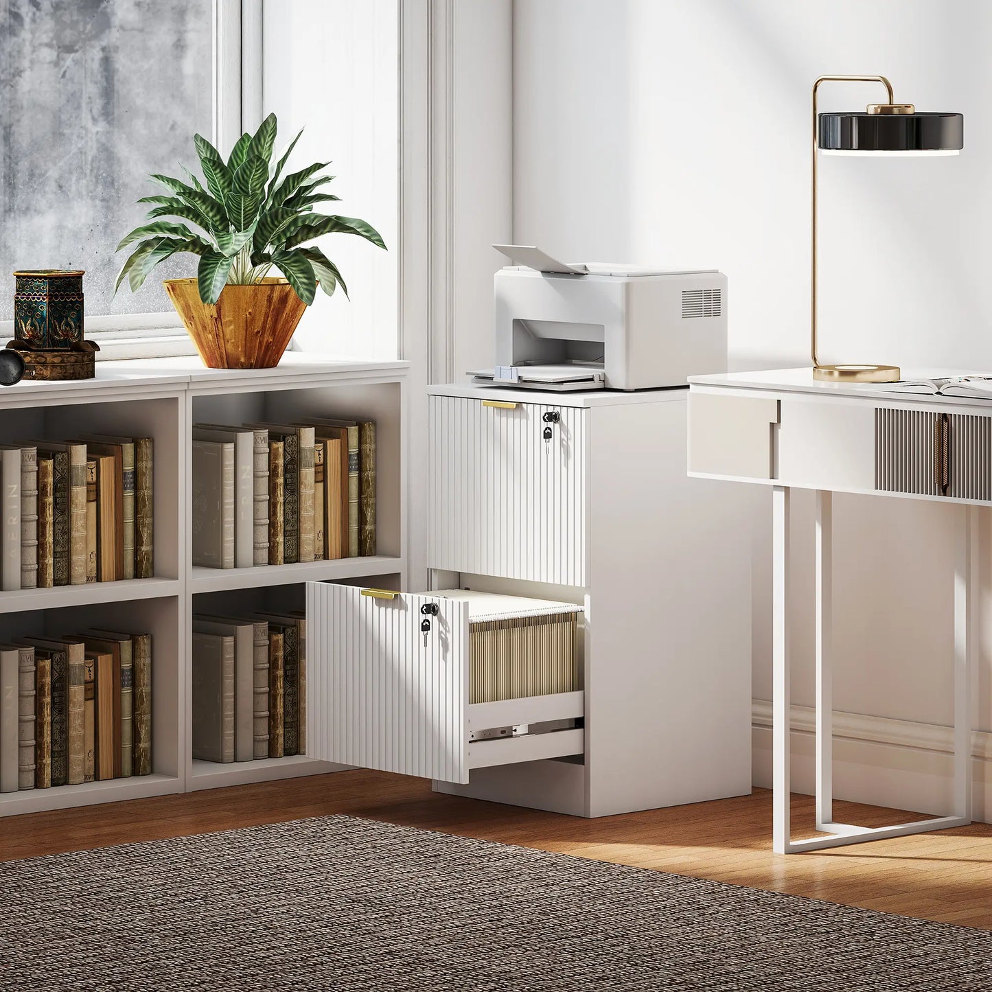 Lockable Filing Cabinet, 2 Fluted Drawers, Adjustable Hanging Rails, White Office Cabinets & Cupboards at Gallery Canada
