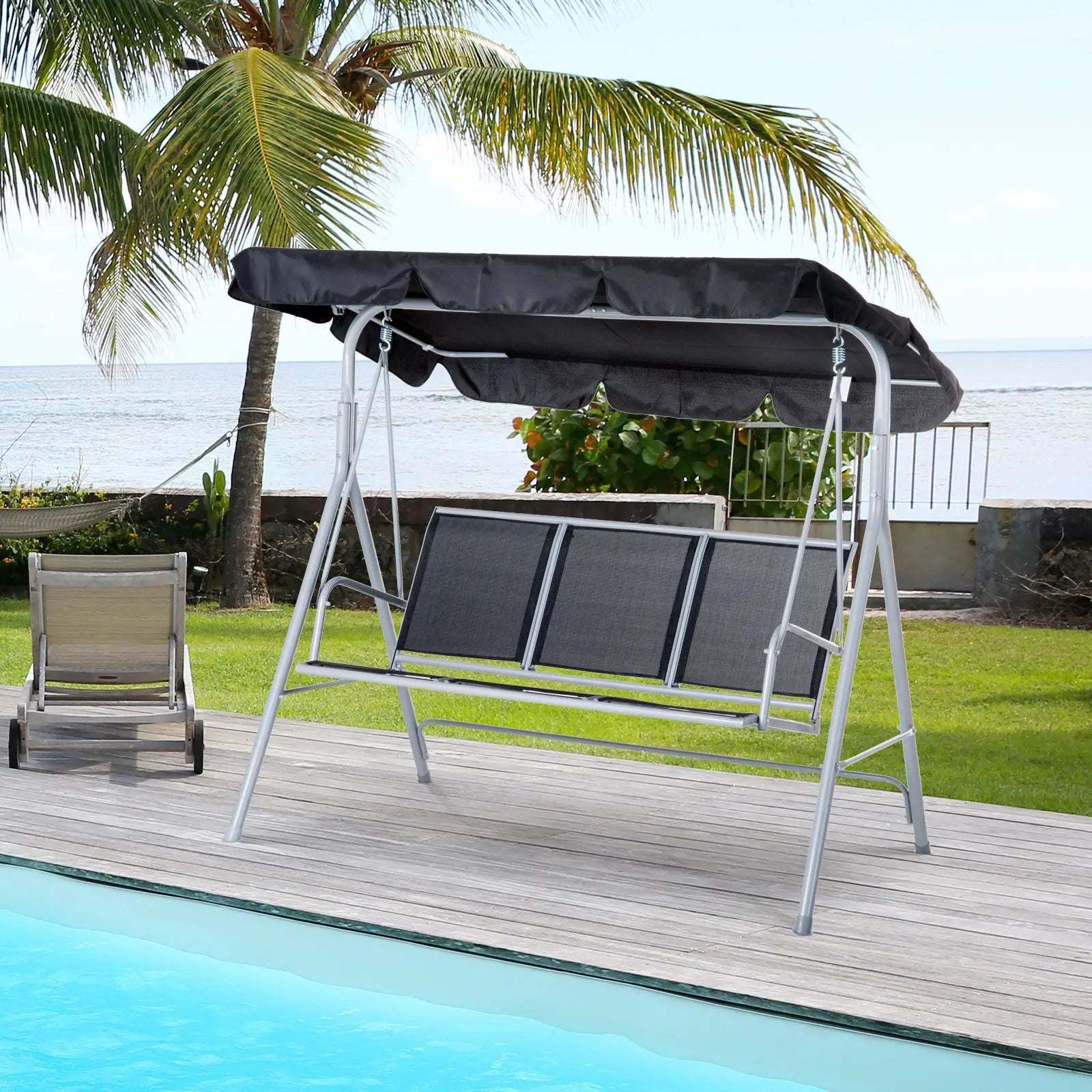 3-Seater Patio Swing, Outdoor Swing Chair, Black Patio Swings with Stand at Gallery Canada