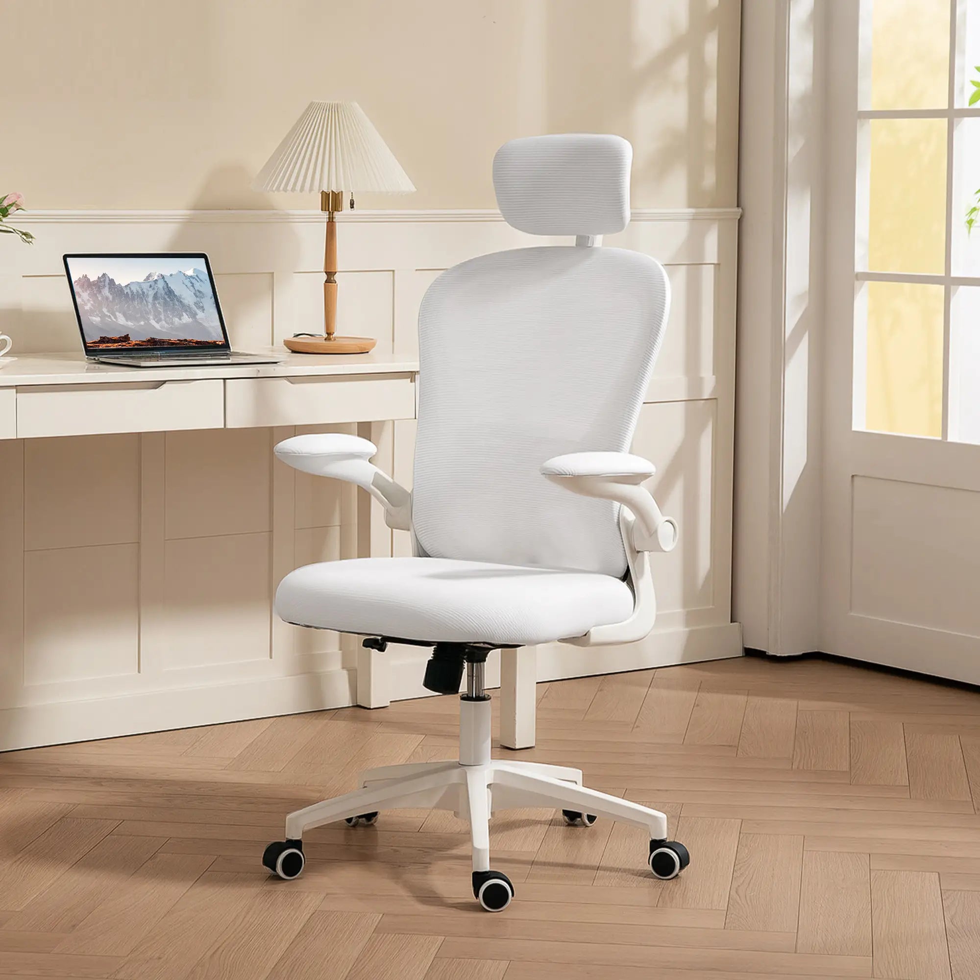 Mesh Office Chair, Adjustable Headrest, 4D Lumbar Support, Flip-Up Arms, White Office Chairs at Gallery Canada