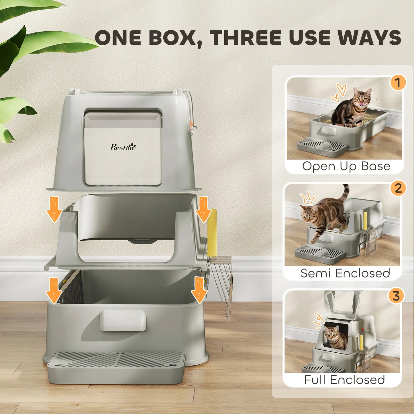 80L XL Stainless Steel Cat Litter Box, Flip Cover, Pull-Out Drawer, High Sided, Pedal, Light Grey Cat Litter Box Enclosures at Gallery Canada