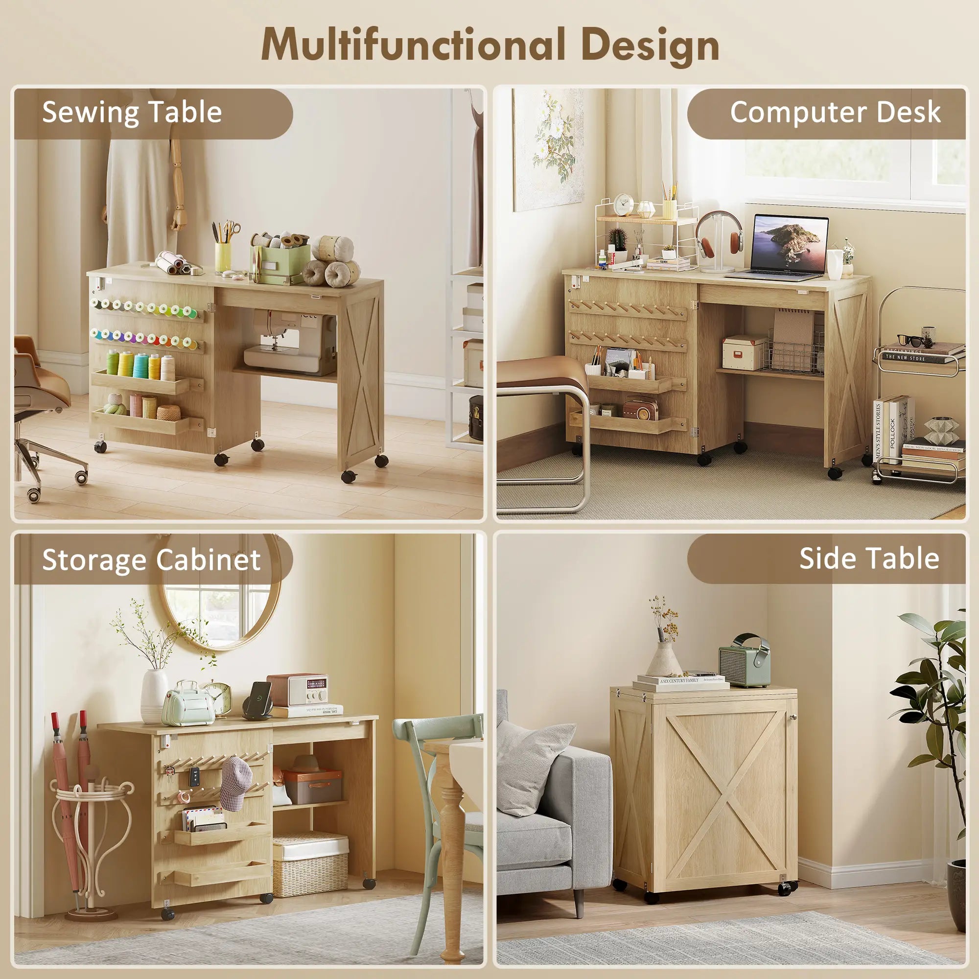 Sewing Machine Table on Wheels, Folding Craft Table with Storage, Natural Storage Cabinets at Gallery Canada