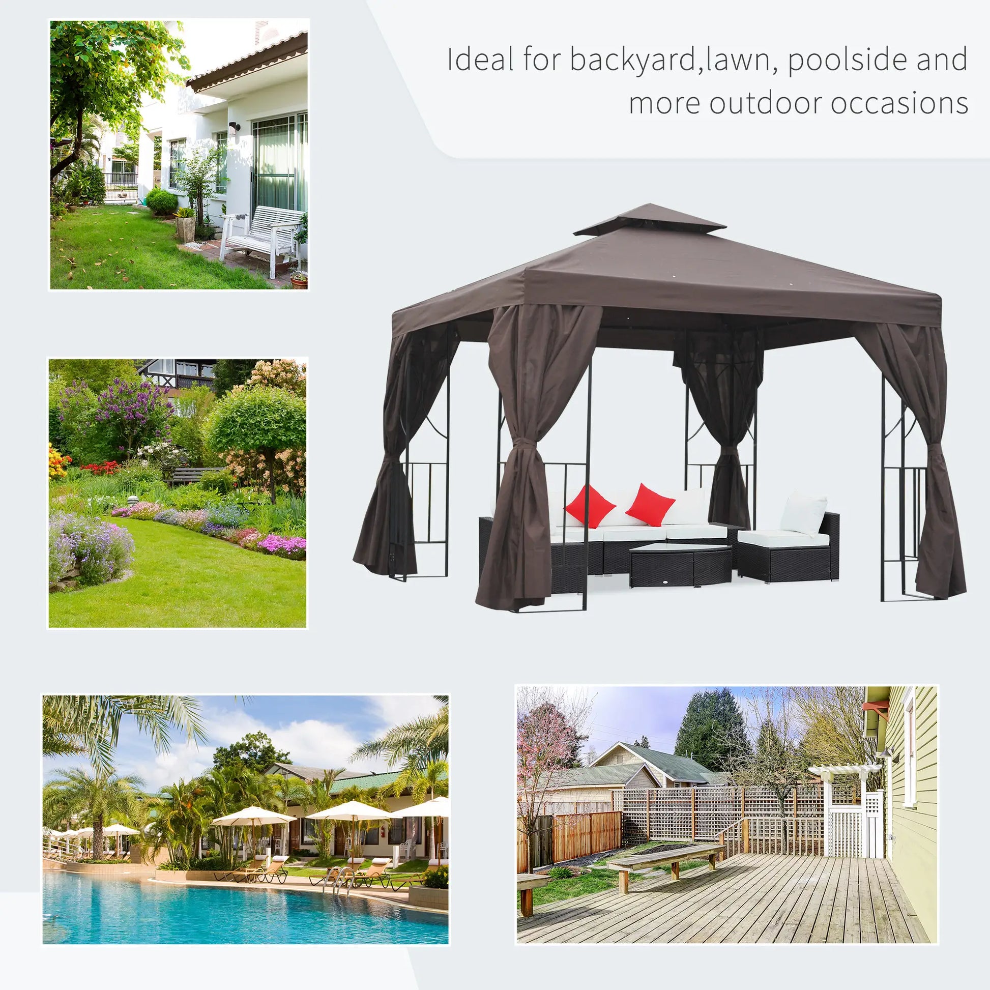 10' x 10' Outdoor Gazebo, Canopy Shelter with Double-Tier Roof, Brown Gazebos at Gallery Canada