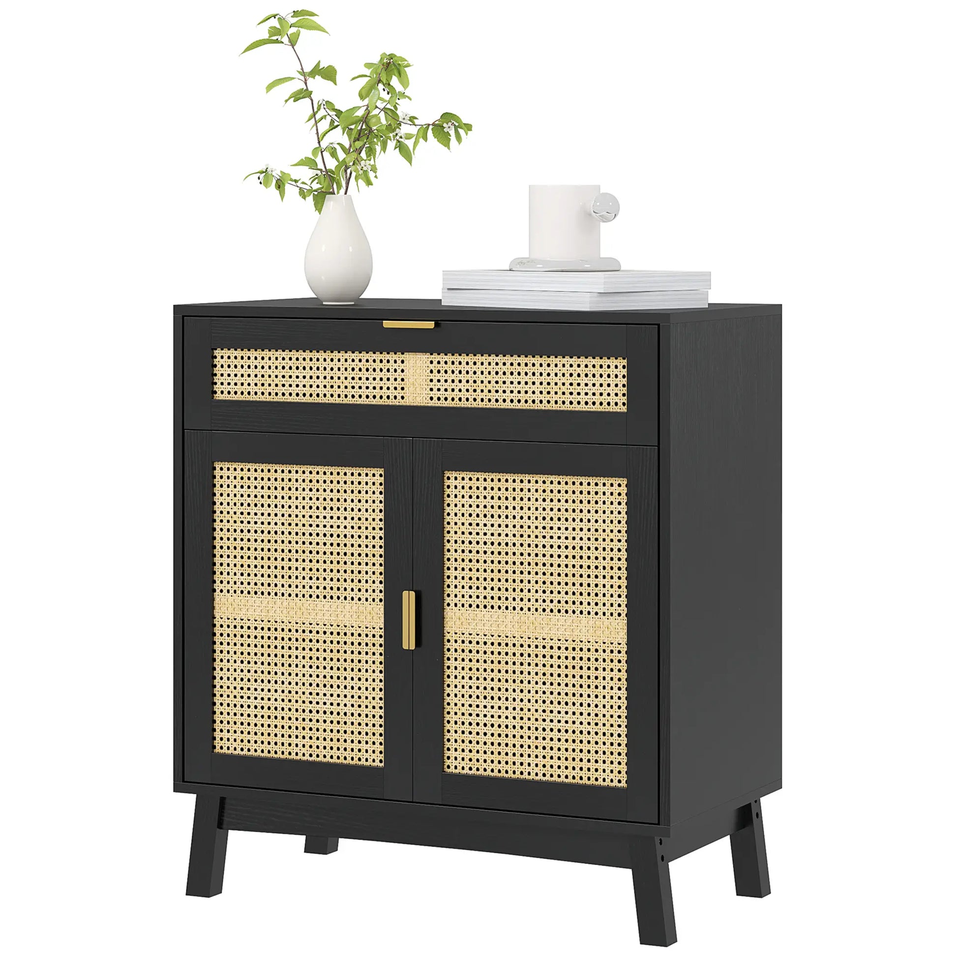 Boho Sideboard Cabinet, Rattan Doors, Black Storage Cabinets Black at Gallery Canada
