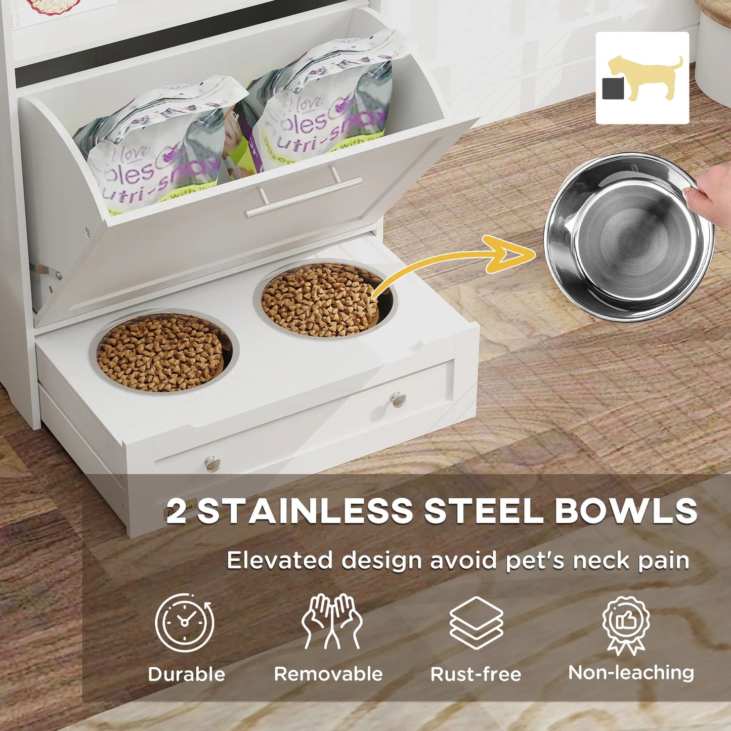 Pet Feeder Station, Dog Food Storage Cabinet with Bowls, Gray Dog Bowls at Gallery Canada