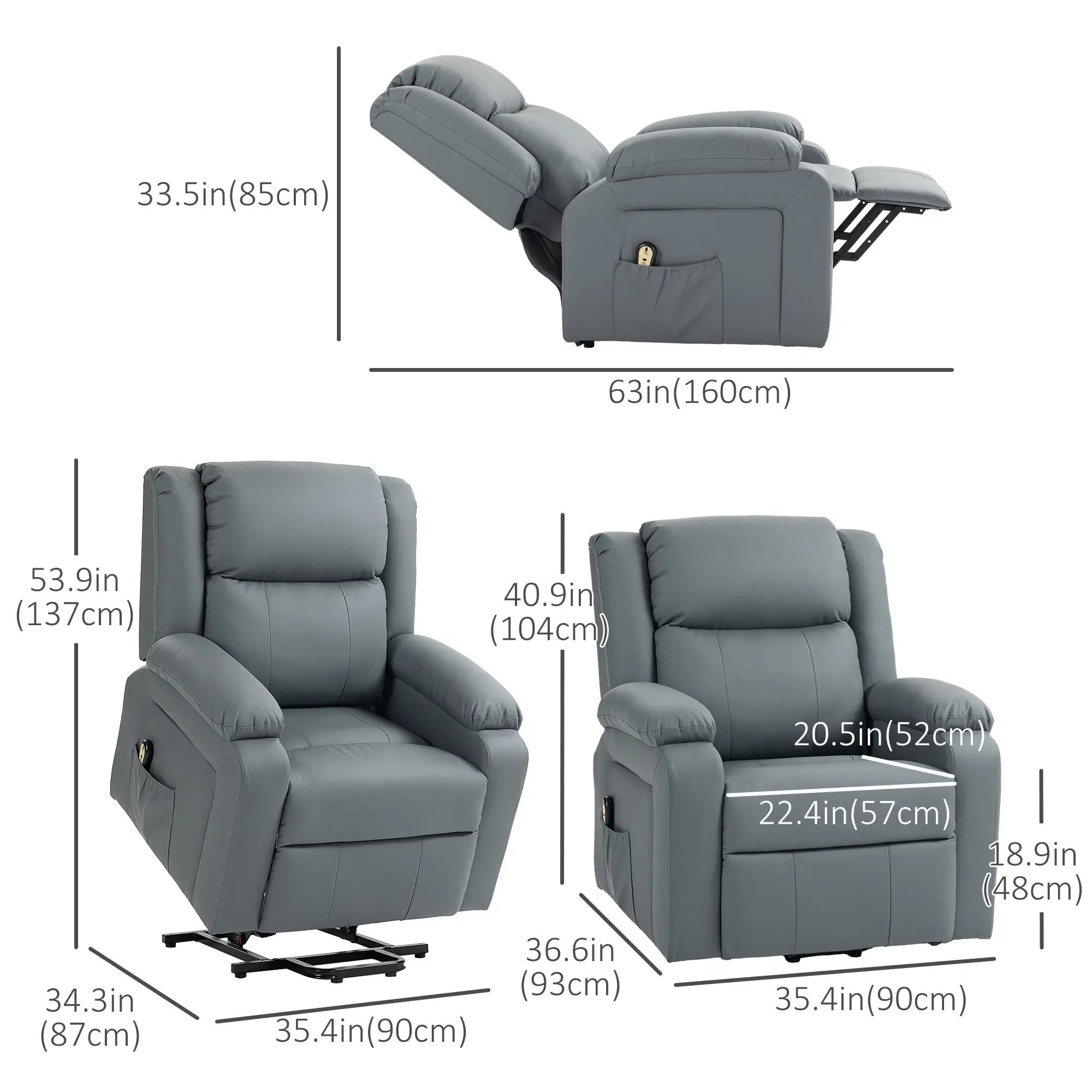 Electric Recliner Chair, PU Leather, Remote, Side Pockets, Grey Electric Power Lift Chairs at Gallery Canada