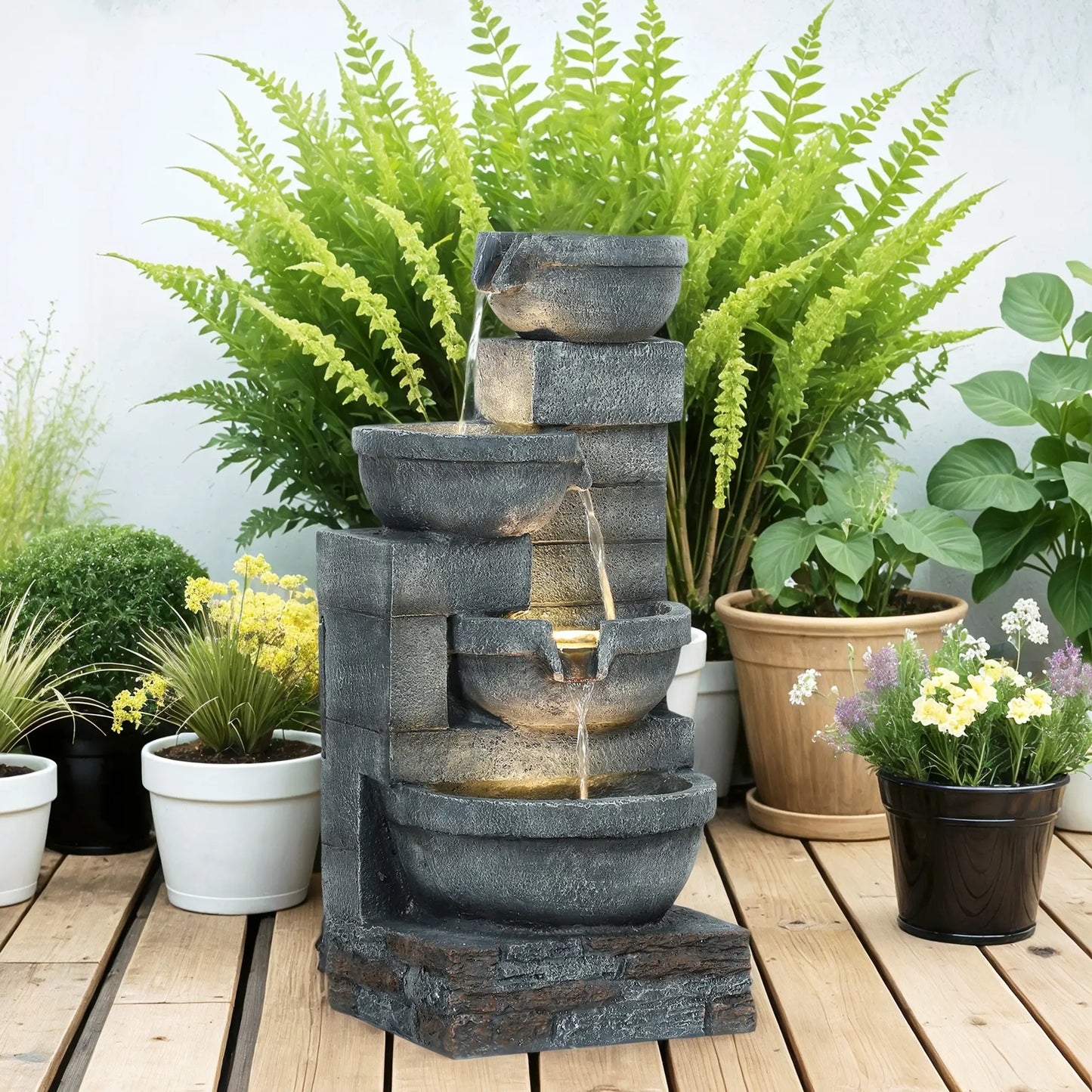 30" Tall Outdoor Water Fountain, LED Lights, 4-Tier Resin Bowls, Grey Water Fountains at Gallery Canada