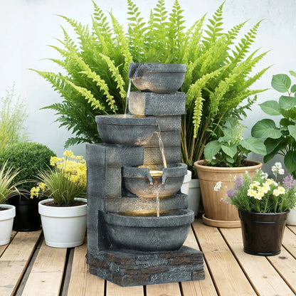 30" Tall Outdoor Water Fountain, LED Lights, 4-Tier Resin Bowls, Grey Water Fountains at Gallery Canada