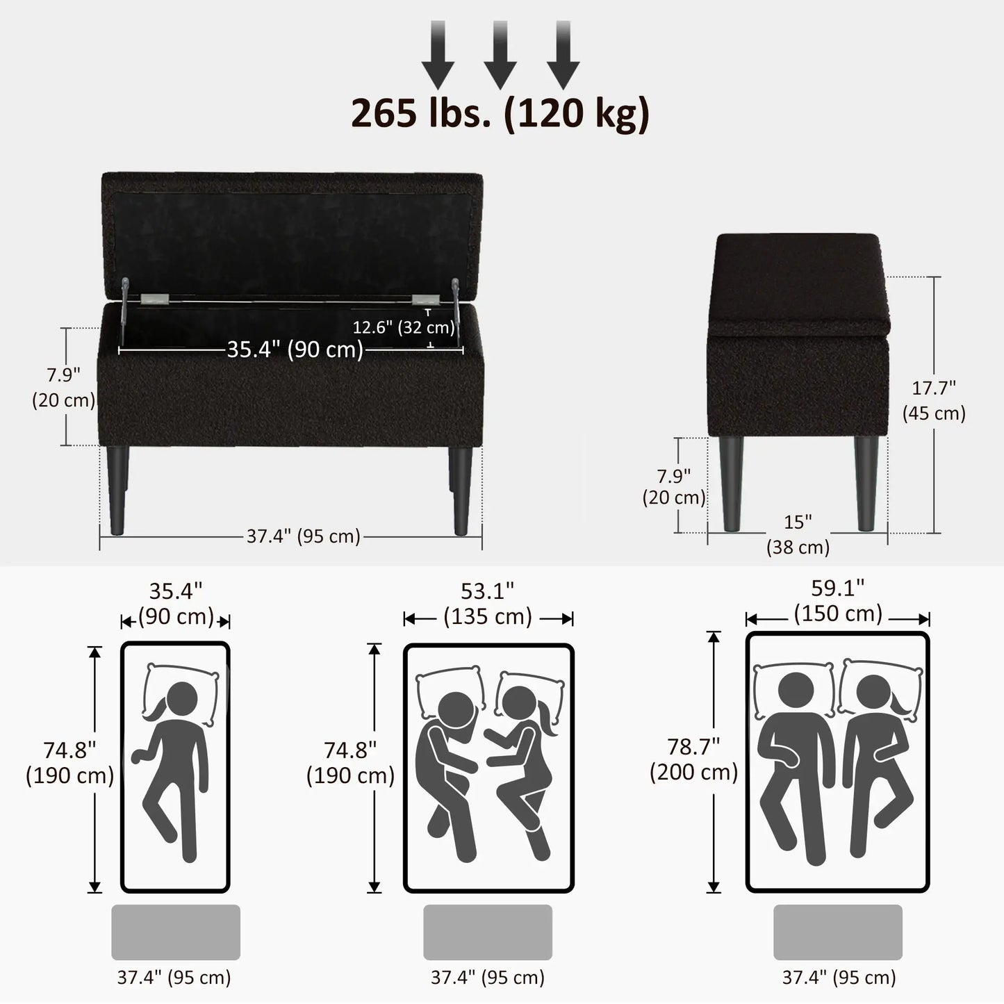 Modern Storage Bench, Ottoman with Storage, Lamb's Wool Upholstery, Black