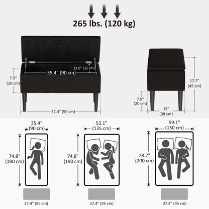 Modern Storage Bench, Ottoman with Storage, Lamb's Wool Upholstery, Black