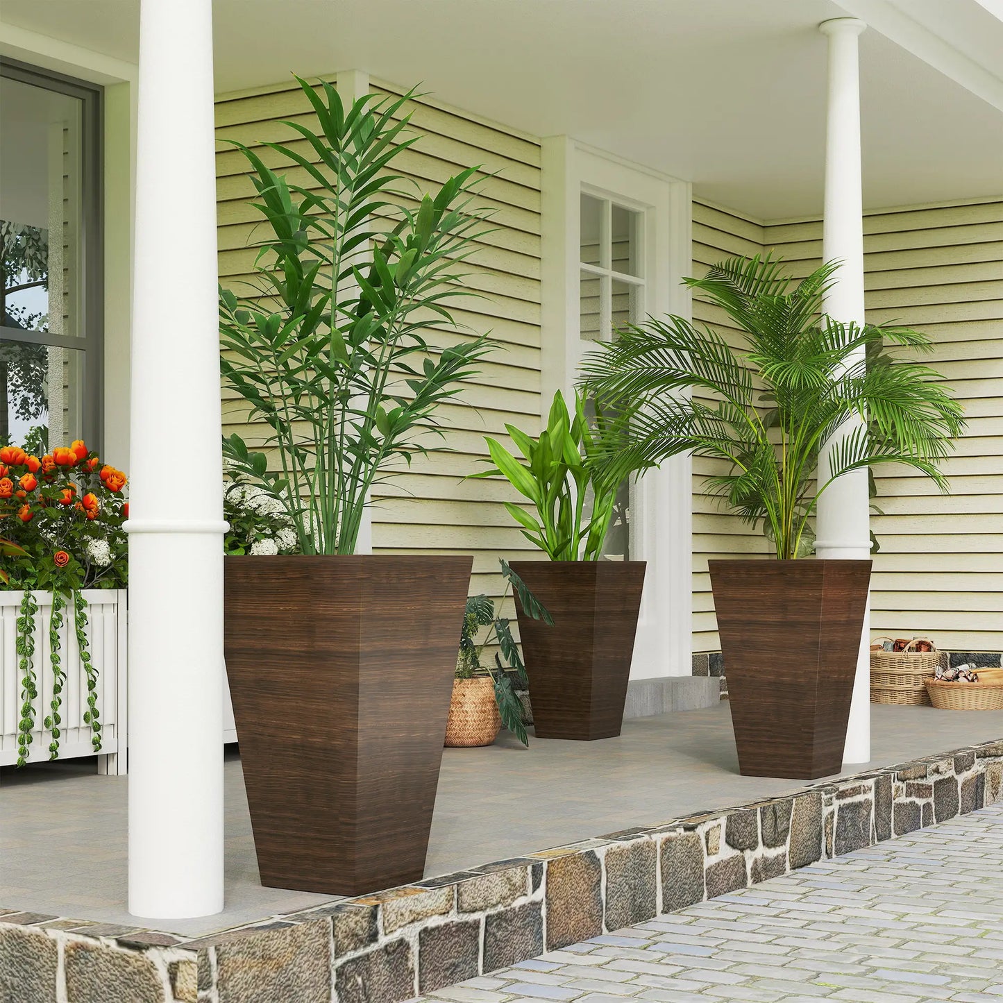 Tall Planter Set Of 3, 28 Inch Taper Planter With Drainage Holes, Brown Planter Set at Gallery Canada