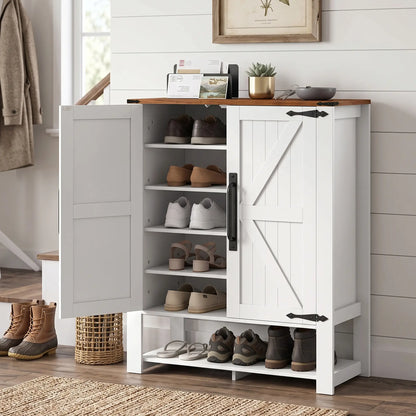 5 Tier Shoe Cabinet, Rustic White, Open Cubby Storage, Rustic White