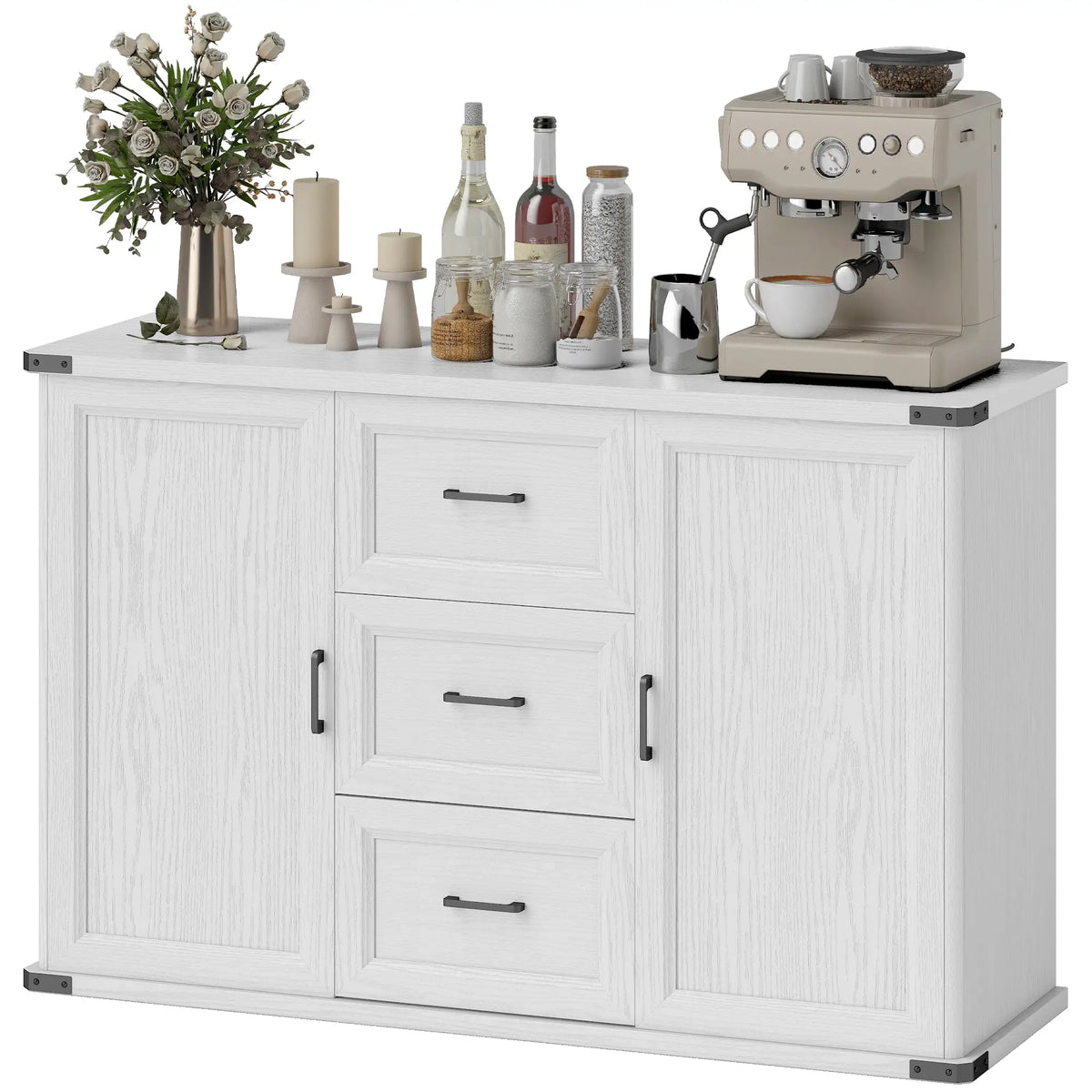 Sideboard With 3 Drawers, 2 Doors, 47" Buffet Cabinet, White Wood Grain, White Storage Cabinets White Wood Grain at Gallery Canada