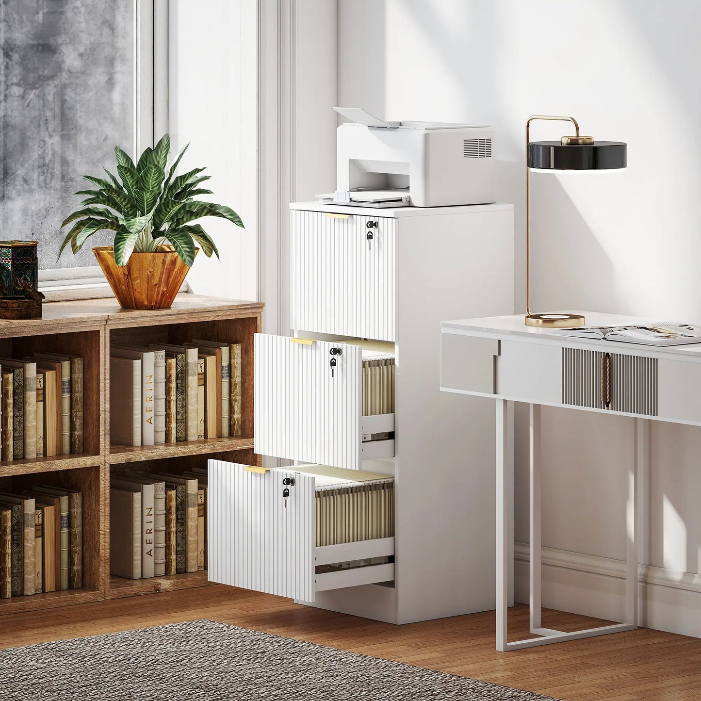 Lockable Filing Cabinet, 3 Fluted Drawers, Adjustable Hanging Rails, White Office Cabinets & Cupboards at Gallery Canada