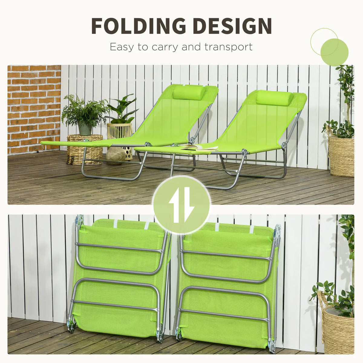 Set of 2 Folding Chaise Lounge Chairs, Outdoor, Reclining, Green