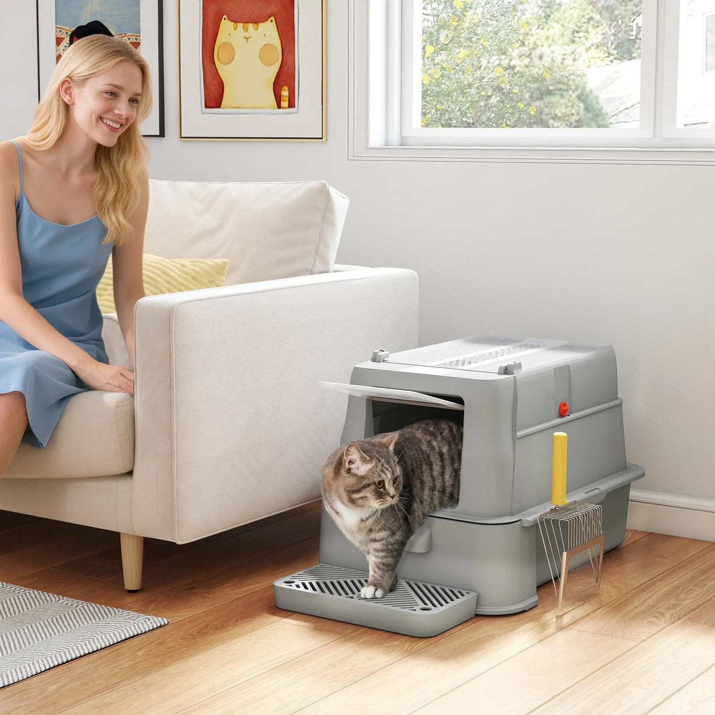 80L XL Stainless Steel Cat Litter Box, Flip Cover, Pull-Out Drawer, High Sided, Pedal, Light Grey Cat Litter Box Enclosures at Gallery Canada