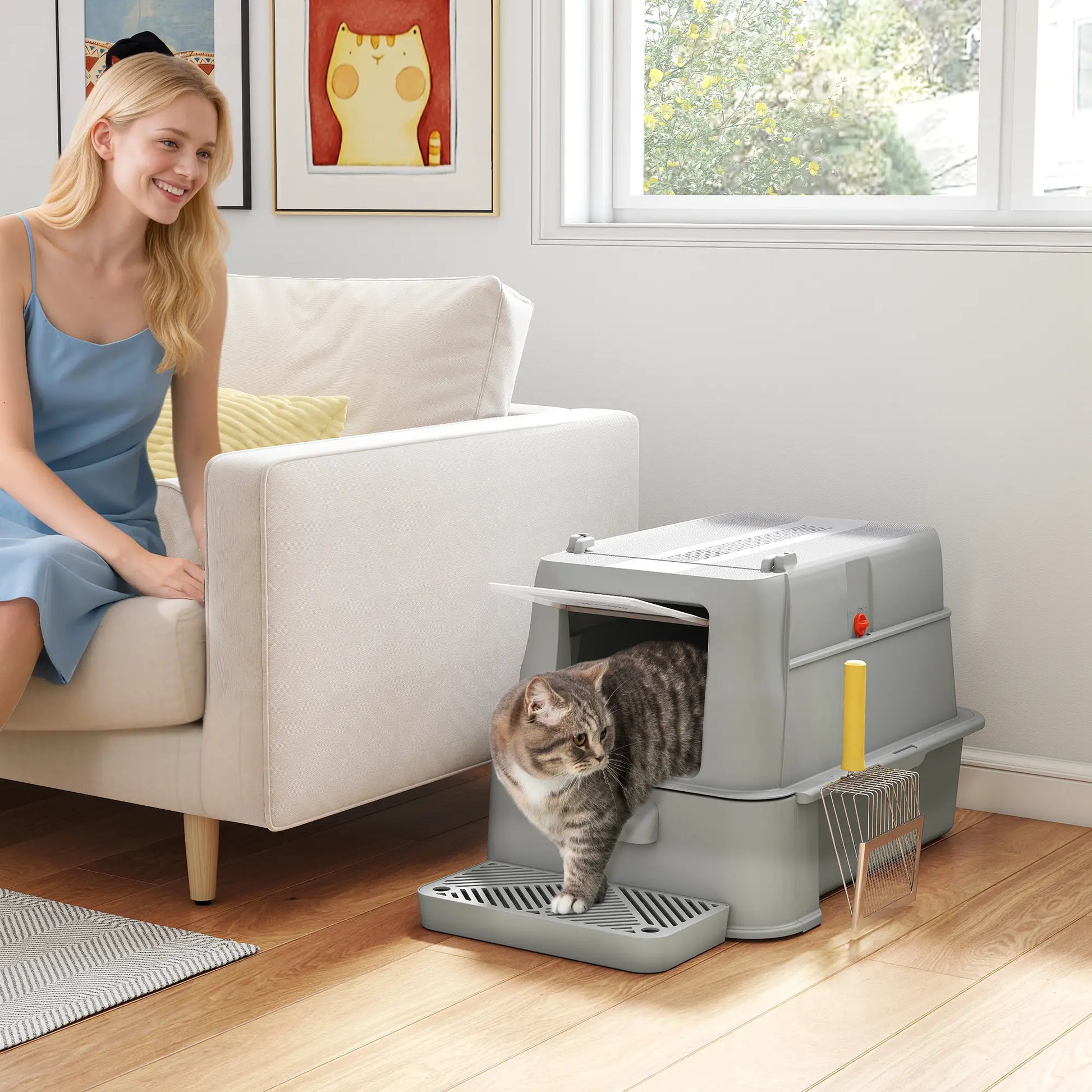 80L XL Stainless Steel Cat Litter Box, Flip Cover, Pull-Out Drawer, High Sided, Pedal, Light Grey Cat Litter Box Enclosures at Gallery Canada