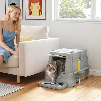 80L XL Stainless Steel Cat Litter Box, Flip Cover, Pull-Out Drawer, High Sided, Pedal, Light Grey Cat Litter Box Enclosures at Gallery Canada