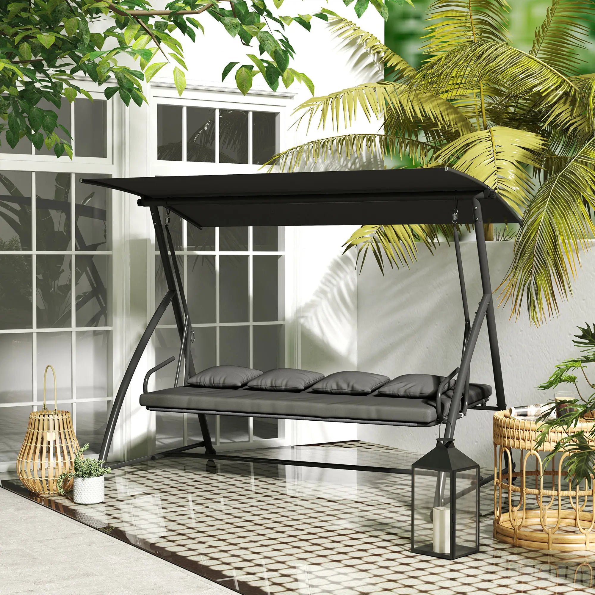 3 Person Patio Swing Chair, Convertible Hammock, Outdoor Lounge Bed, Dark Grey Porch Swings with Canopy at Gallery Canada