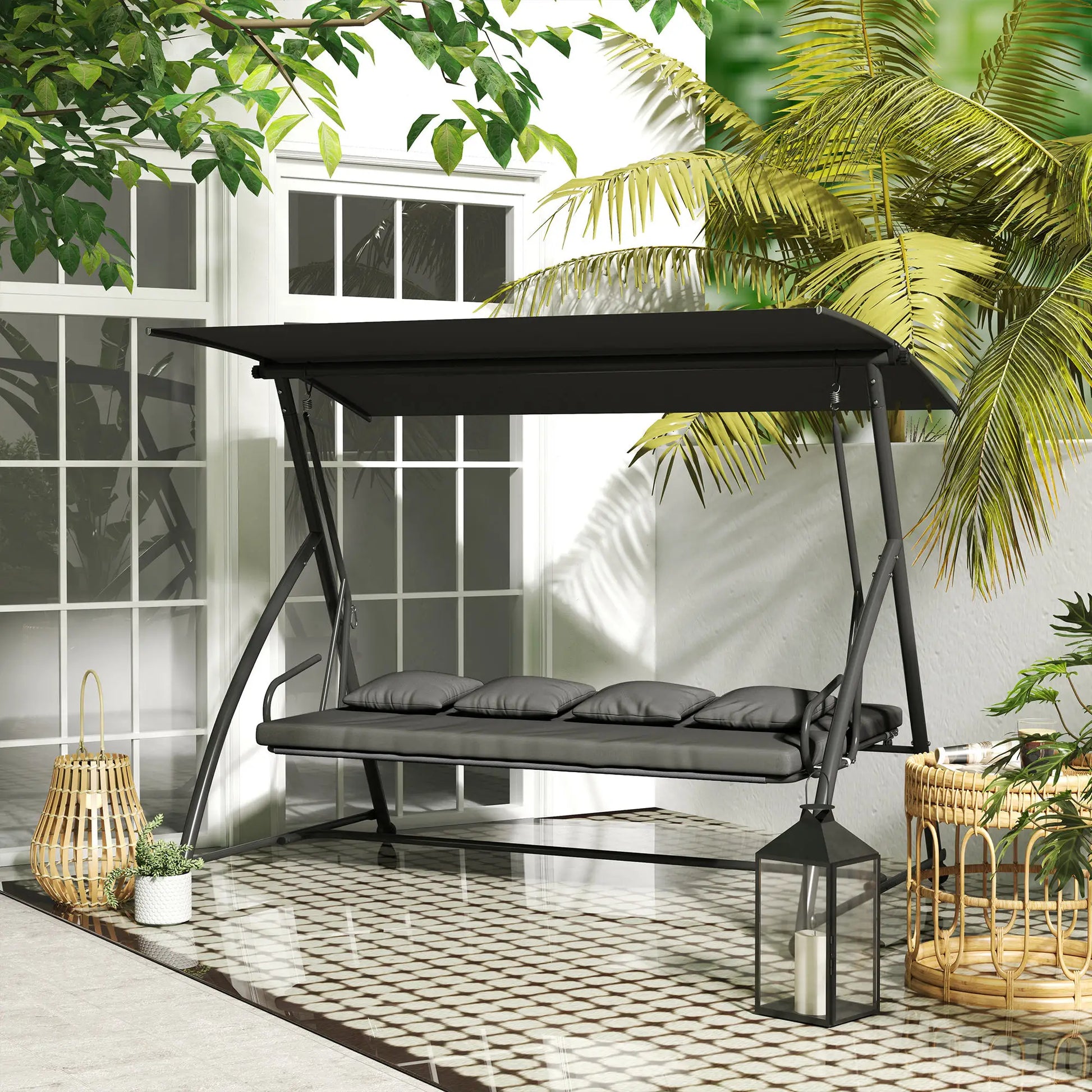3 Person Patio Swing Chair, Convertible Hammock, Outdoor Lounge Bed, Dark Grey Porch Swings with Canopy at Gallery Canada