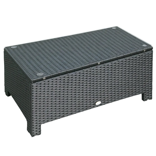 Rattan Coffee Table, Hand-Woven Wicker Furniture, Tempered Glass Top, Black