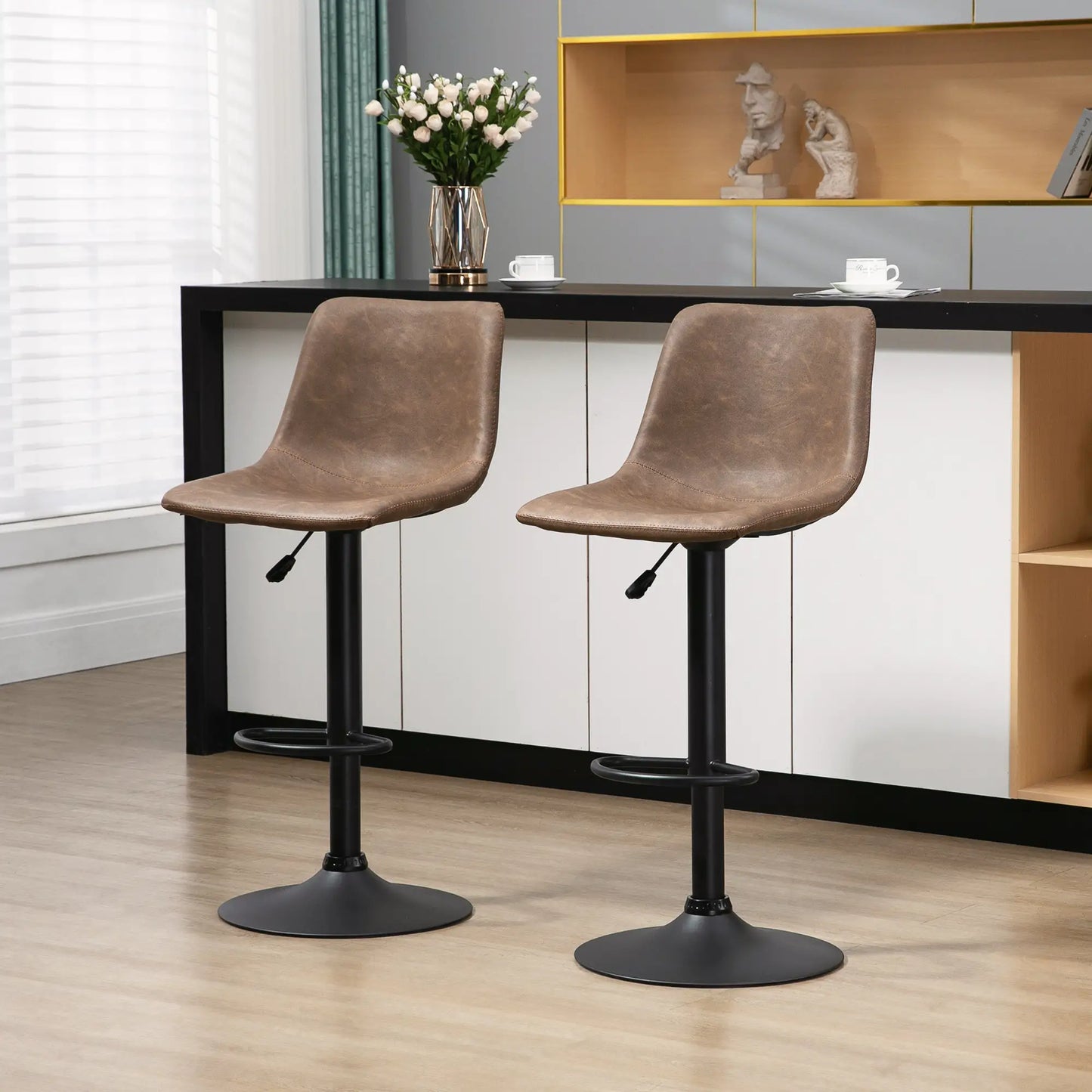 Adjustable Counter Height Bar Stools, Set of 2, 360° Swivel, Vintage Leather, Brown Bar Stools at Gallery Canada