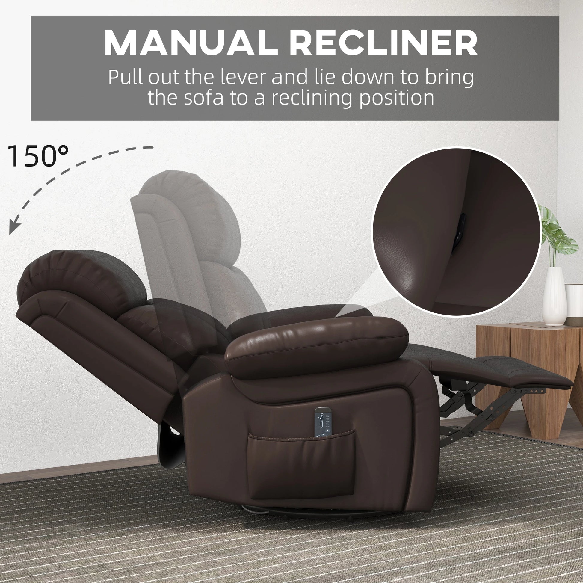 PU Leather Reclining Chair, Vibration Massage, Swivel Rocking, Remote, Brown Single Sofas at Gallery Canada