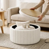 Table basse ronde, rangement dissimulé, polaire sherpa, couvercle réversible, blanc crème, blanc crème