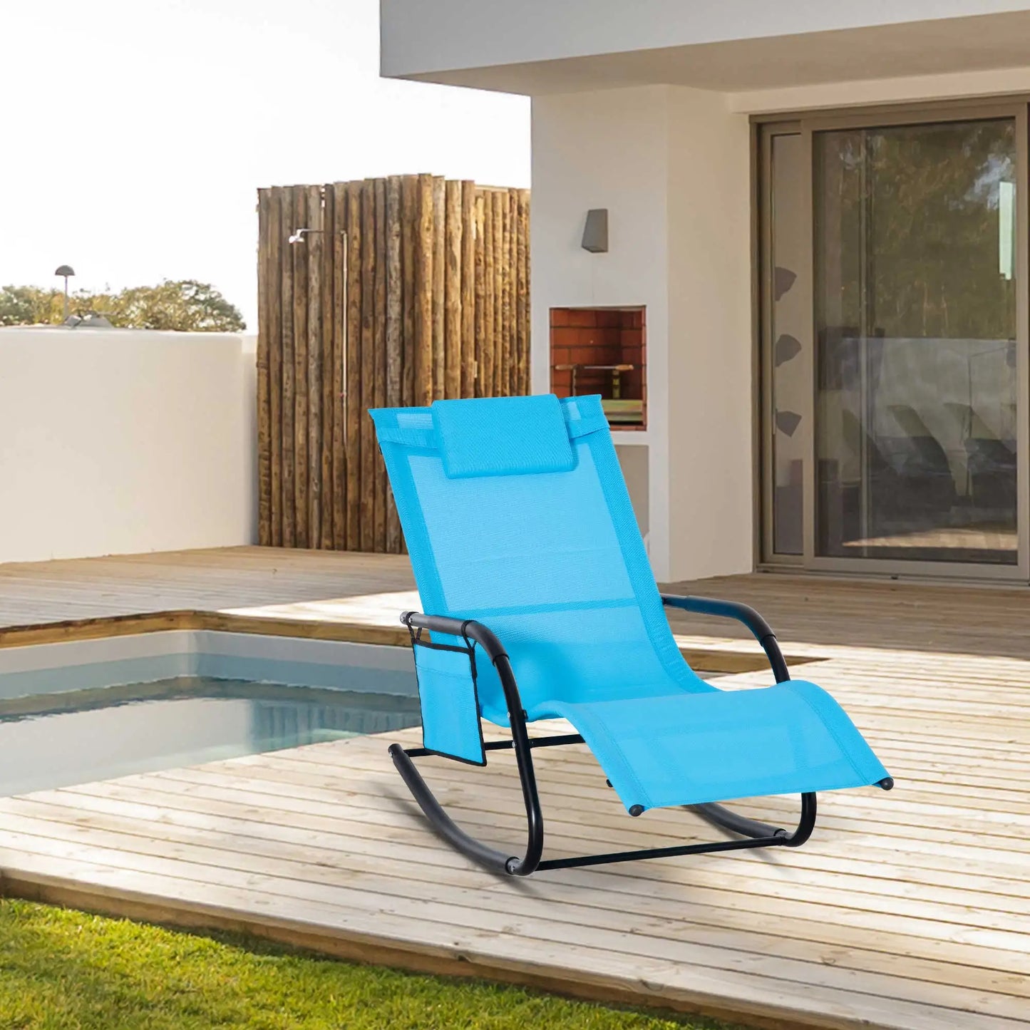 Outdoor Rocking Chair, Mesh Fabric, Removable Headrest, Side Pocket, Dark Blue Outdoor Rocking Chairs at Gallery Canada
