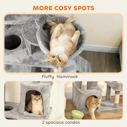 67" Large Cat Tree with 7 Scratching Posts, Tunnel, 2 Condos, Hammock, Perch, Ramp, Pompoms, Light Grey