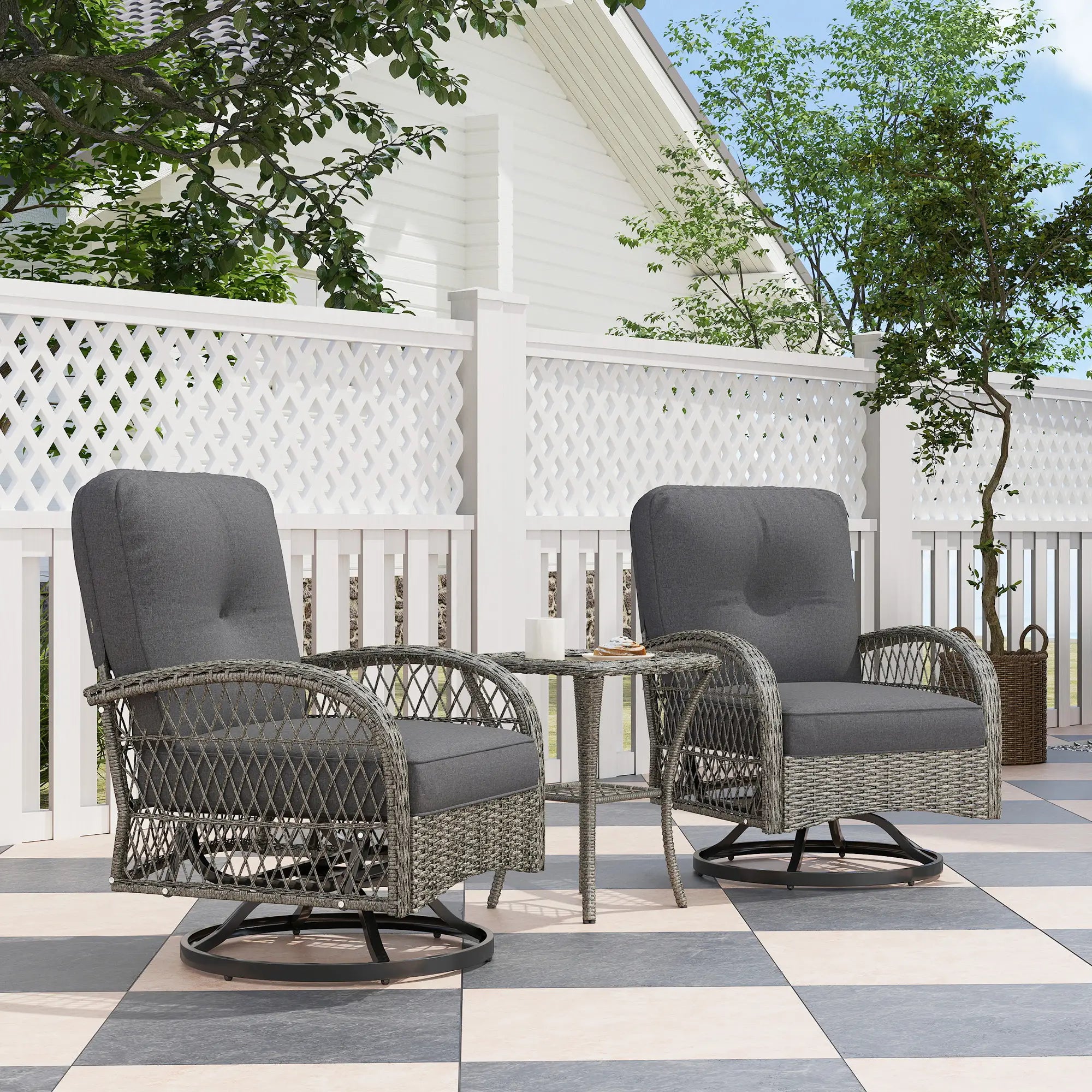 Wicker Balcony Furniture, 3 Piece Patio Set, 2 Swivel Rocking Chairs, 2-Tier Glass Coffee Table, Grey Bistro Sets at Gallery Canada