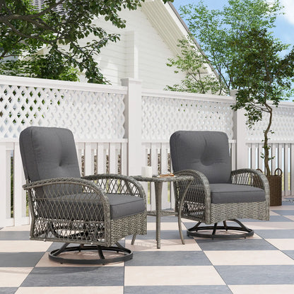 Wicker Balcony Furniture, 3 Piece Patio Set, 2 Swivel Rocking Chairs, 2-Tier Glass Coffee Table, Grey Bistro Sets at Gallery Canada